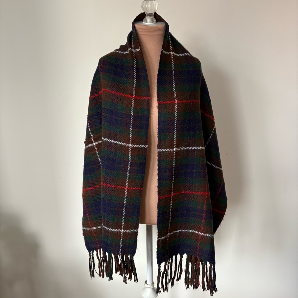 Christian Dior Vintage Acrylic Knit Brown Blue Plaid Fringe Trim Scarf One Size - Picture 3 of 12